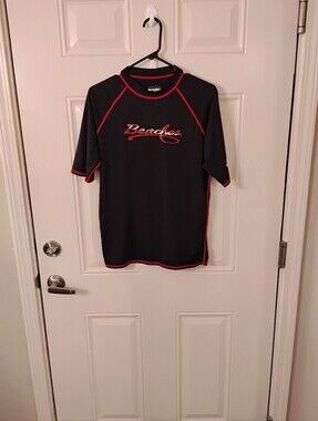 Beaches Logo Rash Guard - Black with Red Trim. Has Jamaica On One Sleeve